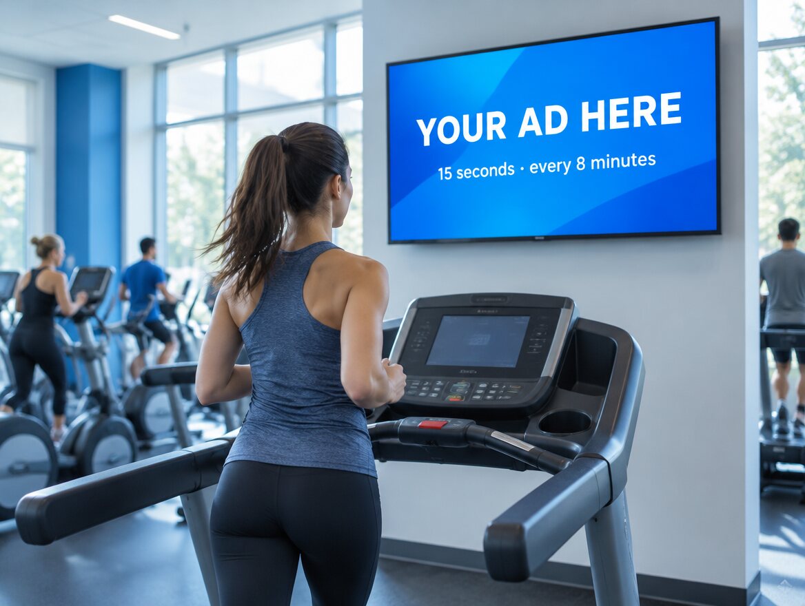 A woman running on a treadmill at a gym, facing a large wall screen that reads Your Ad Here